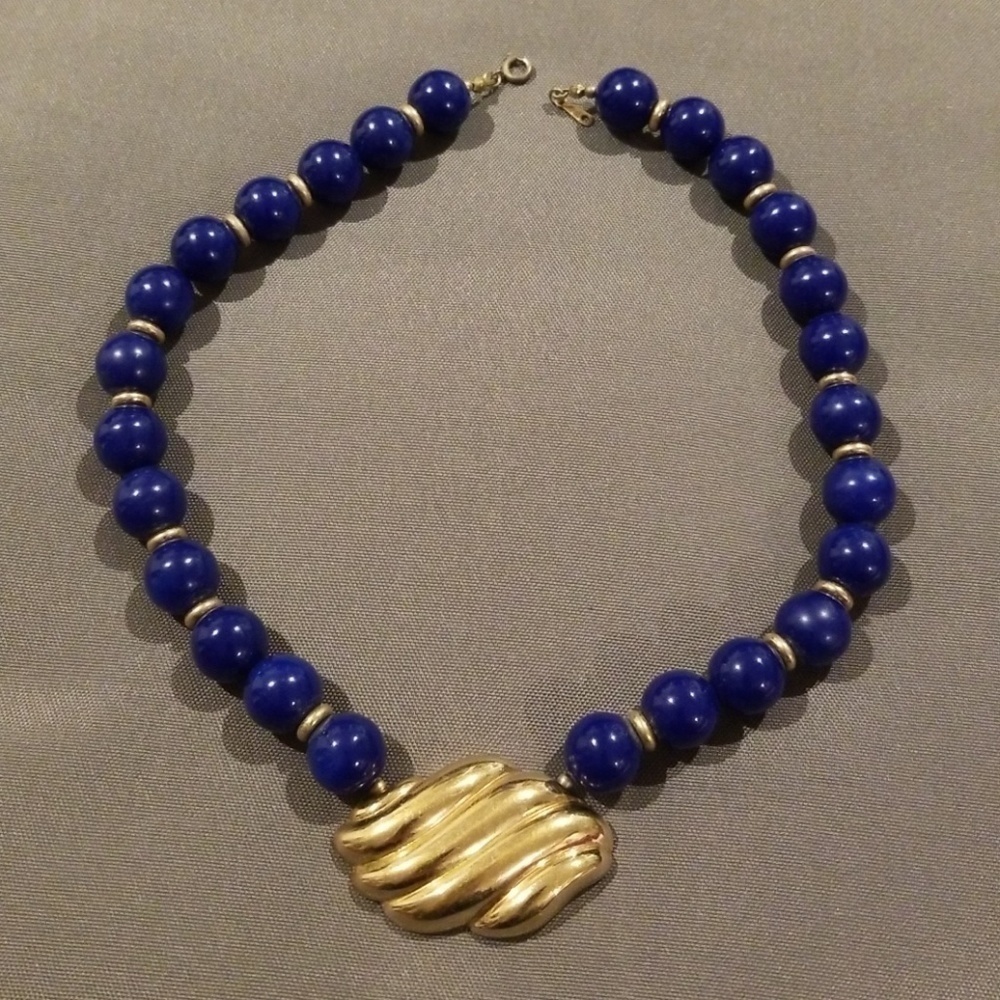 AVON Vintage Blue and Gold Bead Necklace with Gold Pendant